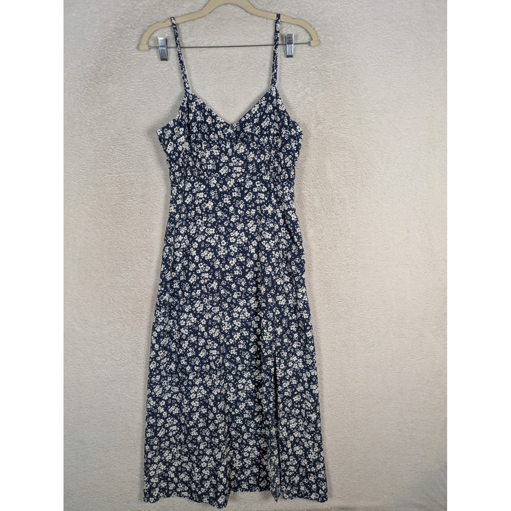 Zara Midi Dress Women's Small Navy Blue Floral Smocked Waist Side Slit V-Neck